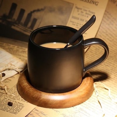 下殺 歐式咖啡廳磨砂馬克杯帶勺 黑色咖啡杯配底座創意簡約陶瓷水保溫杯