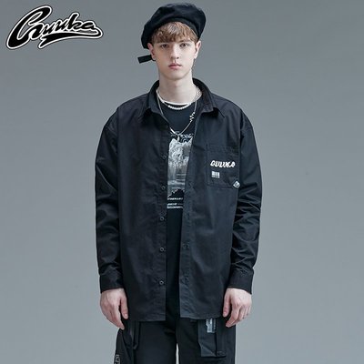 GUUKA黑色機能長袖襯衫男薄款 學生嘻哈運動反光夾條襯衫外套寬松