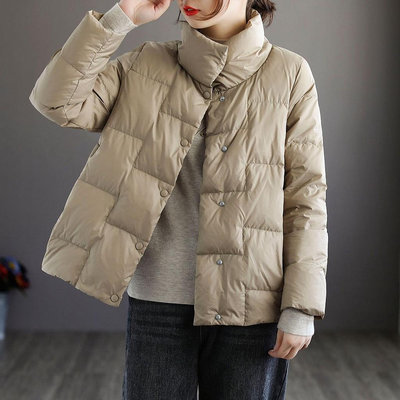 新款白鴨絨羽絨服女短版冬保暖韓版寬鬆百搭時尚復古立領外套