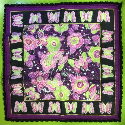 Anna Sui全新正品黑色蕾絲滾邊紫紅色蝴蝶花朵雙層純綿手帕方巾