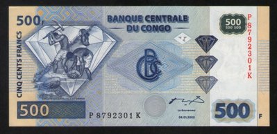 wp009，2002 年，剛果（Congo）500 Francs 紙幣 #P-96，UNC。
