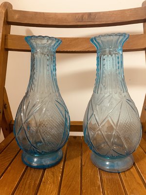 一對 早期雕花老花瓶 早期花瓶 淺藍色 早期玻璃 老玻璃 氣泡 玻璃花瓶 古物 復古 普普風 非大同
