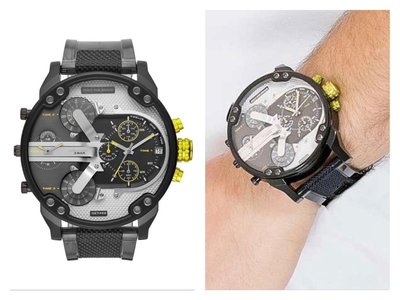 DIESEL MR.DADDY2.0 黑色錶盤 黑色矽膠+尼龍錶帶 石英 三眼計時男士手錶DZ7422