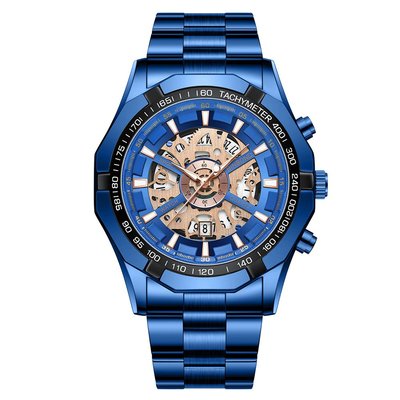 手錶binbond賓邦鏤空非機械防水手表國外爆款機械表藍色男士手表
