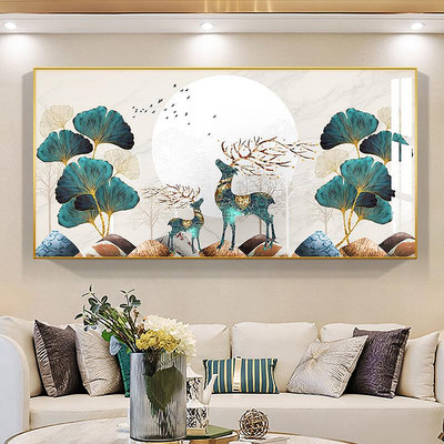 現代簡約客廳裝飾畫沙發背景墻上面壁畫北歐大氣橫幅招財麋鹿掛畫半米潮殼直購