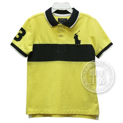 唯美主義~Ralph Lauren 童裝 刺繡 數字3 經典 大馬 條紋 短袖 POLO衫-黃藍(5歲)
