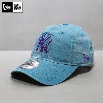 現貨優選#NewEra帽子韓國代購9FORTY軟頂大標NY洋基隊MLB棒球帽扎染藍色簡約