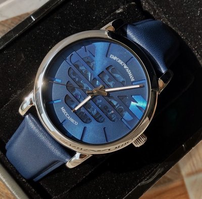 EMPORIO ARMANI 鏤空藍色面錶盤 藍色皮革錶帶 男士 自動機械錶 AR60030