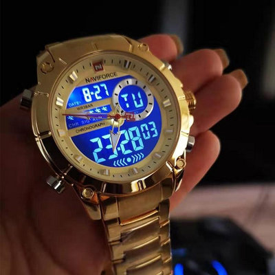 Naviforce 9163 男士手錶軍事運動手錶金色石英鋼防水雙顯示男士手錶原裝