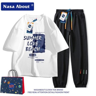 NASA男士短袖套裝夏季新款潮流青少年帥氣搭配九分褲兩件套運動服