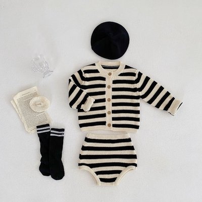 Coco衫-小外套+外套秋裝童男圓領哈衣條紋兩件套針織2022女寶寶棉紗嬰幼兒-質量保障
