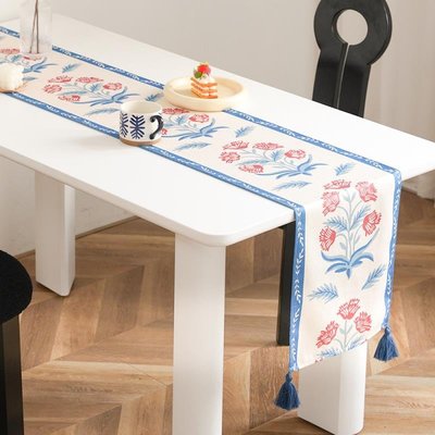 桌巾游園系列餐桌蓋巾柔軟仿麻印花茶幾蓋巾餐廳北歐風簡約流蘇桌旗