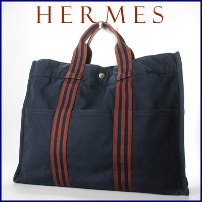 【桑園の】二手真品◆法國製 HERMES 愛馬仕 38CM 經典 HERLINE 撞色 帆布包 手提包 T 4172
