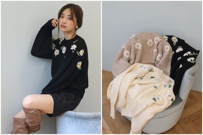 🌸Lenas通販⭐特價⭐2020年11月日本知名品牌三色甜美清新刺繡雛菊花朵寬鬆針織長袖毛衣