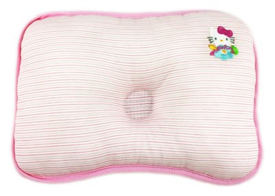 【卡漫迷】 Hello Kitty 粉條紋 ㊣版 嬰兒舒夢枕頭 Baby新生兒凹枕 初生兒固定頭形 100%純綿 台灣製