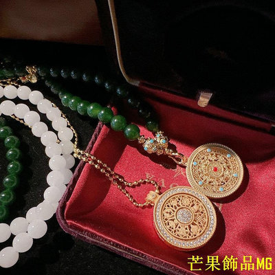 芒果飾品MG蘇富比雕花寶石花盤項鍊 富麗堂皇 鍍18K金 綠玉髓珠盤鋯石毛衣鏈