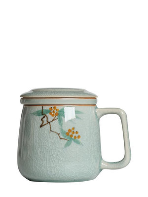 冰裂手繪枇杷個人杯陶瓷辦公馬克杯帶蓋茶杯過濾釉下彩水杯--三姨小屋