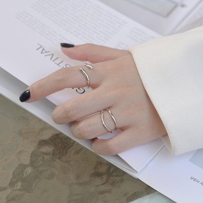 新款韓版簡約雙層S925純銀戒指ins冷淡風線條個性開口指環DQ025
