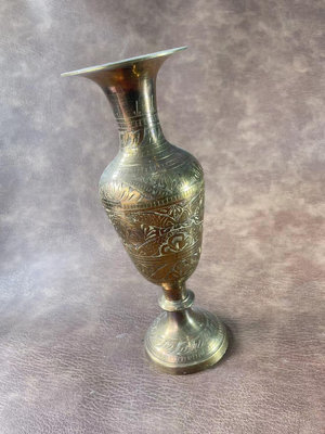 【二手】南亞手工鏨刻銅花瓶，銅花瓶，銅器，銅壺銅器，銅工藝 銅器 擺件 收藏 【華品天下】