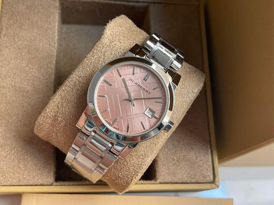 BURBERRY 粉色錶盤 銀色不鏽鋼錶帶 石英 女士手錶 BU9124