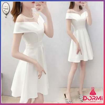 雲邊-夏季新款中長款氣質洋裝/白色一字領洋裝/夏季緊身顯瘦洋裝