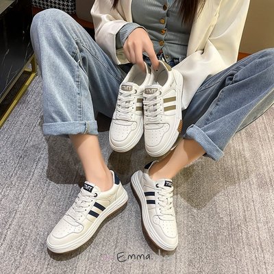EmmaShop艾購物-韓國同步上新-簡約真皮雙條小白鞋/板鞋/休閒鞋