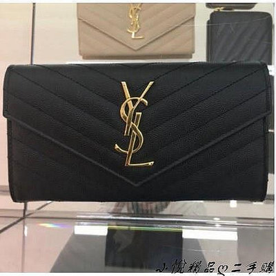 二手購YSL Saint Laurent 372264 魚子醬黑色牛皮 防刮 掀蓋 釦式長夾 金色logo 現