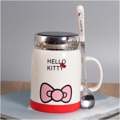【上品居家生活】寬版大蝴蝶結 Hello Kitty 凱蒂貓 創意鏡面蓋 卡通風格陶瓷杯帶小湯匙/小勺子 (420ml)