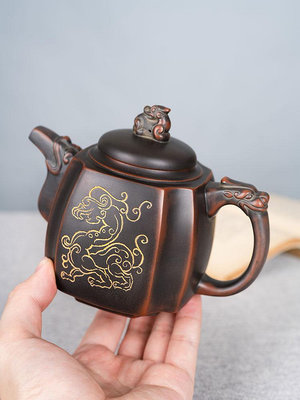 欽州坭興陶茶壺中式茶具紫泥名家純手工大容量吳麗華高龍騰四方壺-西瓜鈣奶