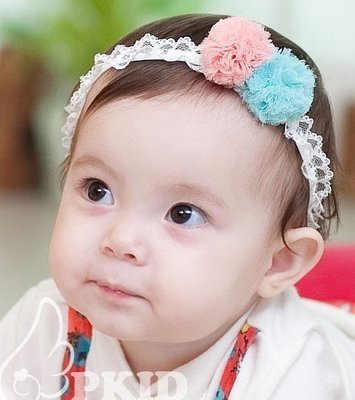 ＊愛漂漂＊【D024】粉藍網紗球球花朵蝴蝶結蕾絲公主髮帶 嬰兒寶寶髮帶/兒童髮飾頭飾