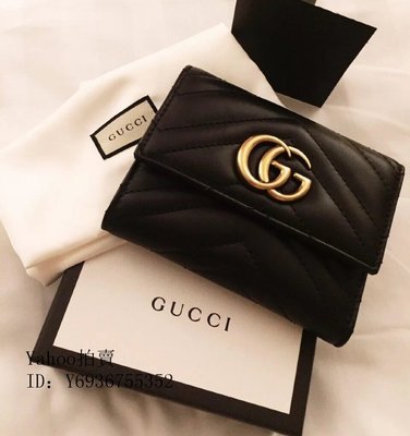 Simon二手正品Gucci 黑色GG Marmont Wallet 474802 斜紋縫線 真皮三折式短夾 卡夾 皮夾