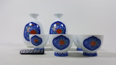 日本 香蘭社 清酒壺杯組 白底 藍框 橘色花圖案  2壺5杯木盒裝 - 1900861