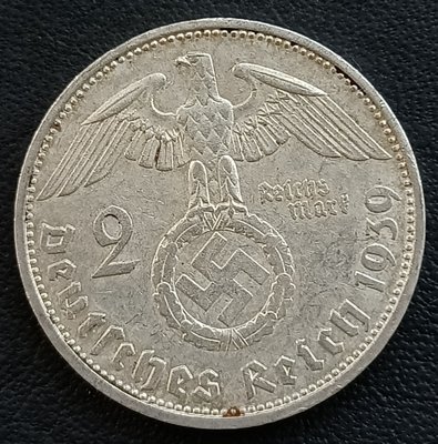 德國  1939年  F(斯圖加特廠)  納粹德國   2馬克    興登堡    銀幣(62.5%銀)    2022