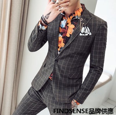 FINDSENSE品牌 四季款 新款 日本 男 高端 格子 一粒扣 商務 時尚  西裝外套 西裝褲 兩件套 潮流西服套裝