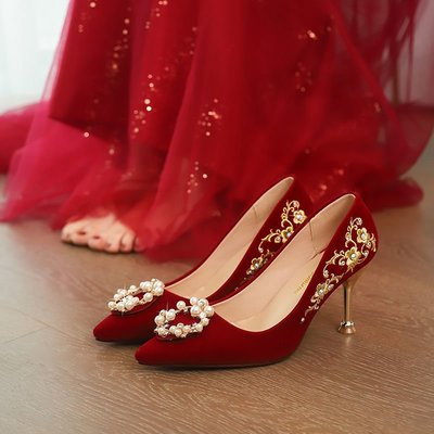 婚鞋女2022年新款新娘鞋酒紅色秀禾婚紗不累腳高跟鞋中式結婚紅鞋~樂悅小鋪