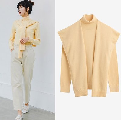 H:CONNECT 韓國品牌 鵝黃色 兩件式披肩高領針織上衣