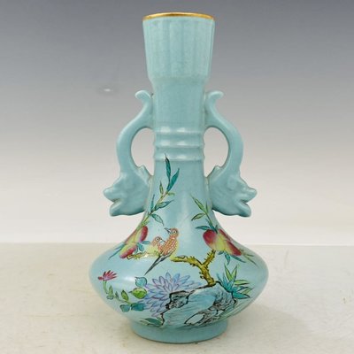 古瓷器 古董瓷器 汝瓷描金加彩花瓶高20公分直徑11公分編號2008300200-29392