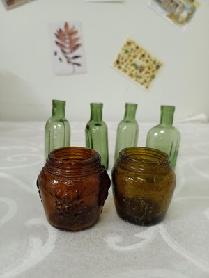 早期老玻璃瓶琥珀色葡萄玻璃罐漿糊罐化妝瓶懷舊擺飾（624）