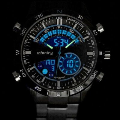 （全新福利品庫存出清）美國原裝正品 INFANTRY 特務黑 頂級軍規腕錶 黑鋼錶帶計時 電子指針 冷光 雙顯示 手錶