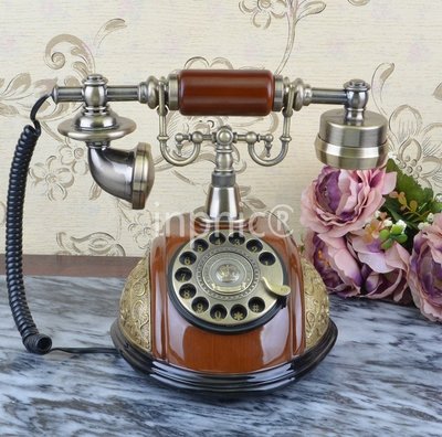 INPHIC-歐式復古電話機旋轉轉盤古典座機復古實木樹脂電話機