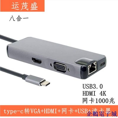 企鵝電子城typeHUB轉HDMI+rj45+VGA+PD+USB3.0*2+讀卡 type-c擴展塢