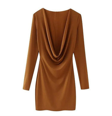 #030（圖）預購商品 春季新品 長袖洋裝 連身短裙 純色 褶垂領口 收腰包臀UZC55/0124