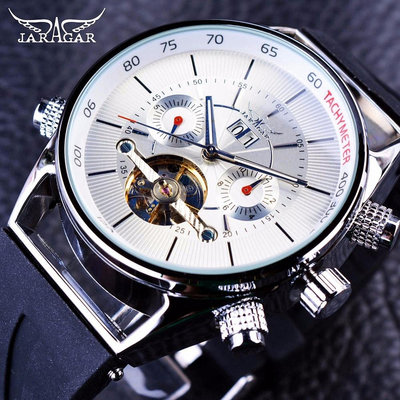 Jaragar 男士手錶自動運動手錶橡皮筋 Tourbillion 顯示日曆手錶