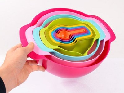 烘貝樂-繽紛多功能彩色碗塑料盆量勺10件套 量匙 量杯 量碗 過濾網 一套搞定