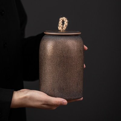 日式鎏金鐵釉茶葉罐大號密封茶倉陶瓷儲物罐鐵觀音紅茶普洱存茶罐-好鄰居百貨