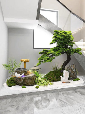 新中式室內景觀造景竹子流水擺件循環水茶室庭院樓梯下方仿真