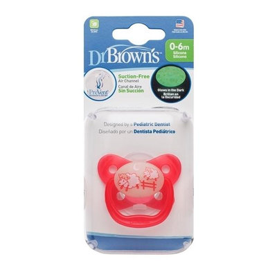 美國Dr Brown 布朗博士PreVent功能性夜光安撫奶嘴 粉2入0~6個月(附收納盒)