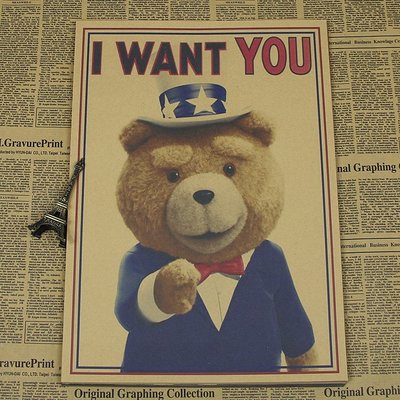 [現貨]徵人海報  I WANT YOU 泰迪熊TED 搞笑版 咖啡館牛皮紙懷舊復古電影海報裝飾畫