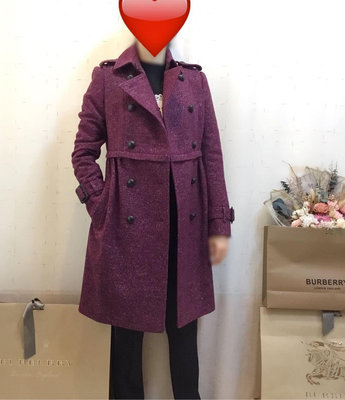 BURBERRY LONDON莓紫紅羊毛洋裝大衣