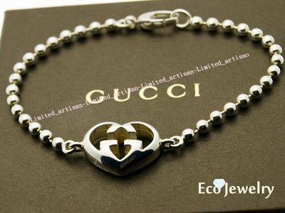 《Eco-jewelry》【GUCCI】經典新款 雙G相愛心造型細銀珠手鍊  純銀925手鍊~專櫃真品 近新品